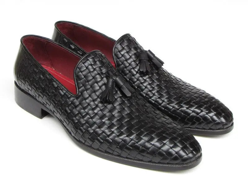 Paul Parkman Men's Black Woven Genuine Leather Tassel Loafers (ID#085-BLK) PAUL PARKMAN