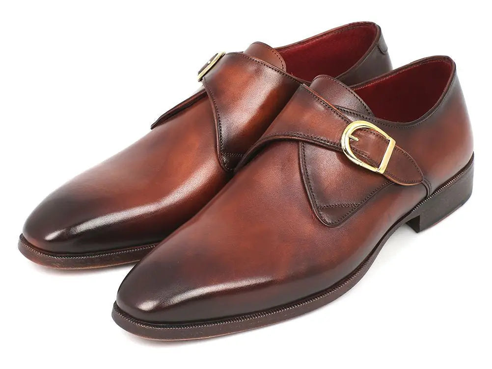 Paul Parkman Men's Brown/Camel Genuine Leather Single Monk strap Shoes (ID#011B44) PAUL PARKMAN