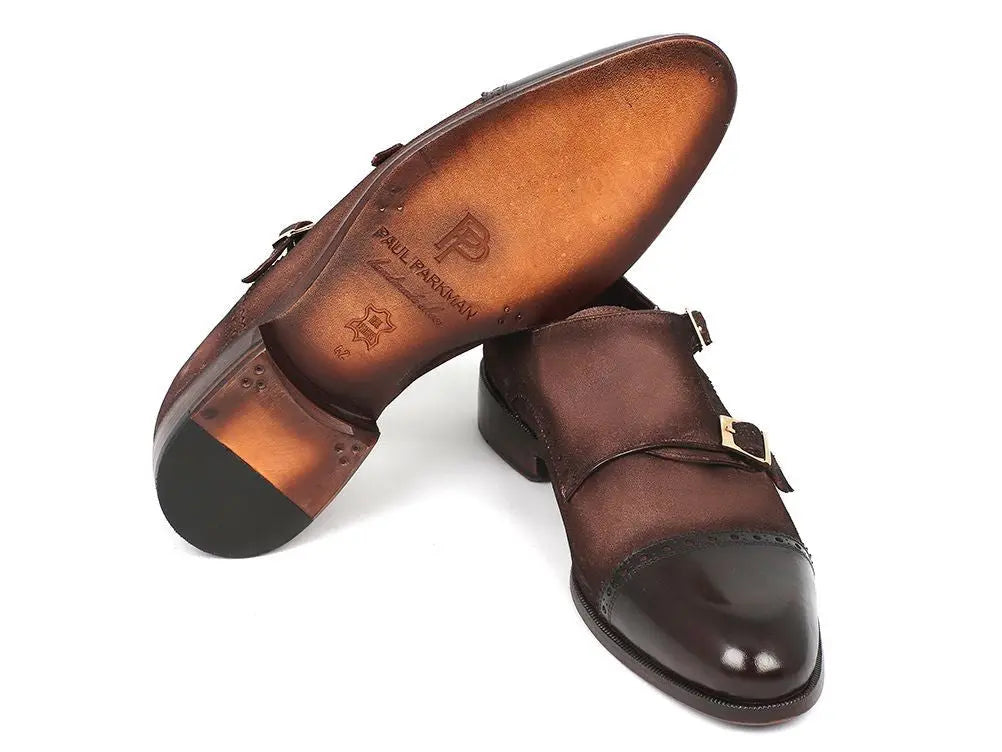 Paul Parkman Men's Brown/Beige Suede Cap-Toe Double Monk strap Shoes (ID#FK09) PAUL PARKMAN