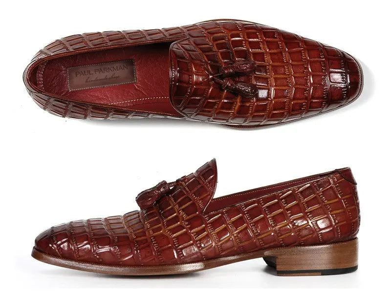 Paul Parkman Men's Brown Crocodile Embossed Calfskin Tassel Loafers (ID#0823-BRW) PAUL PARKMAN