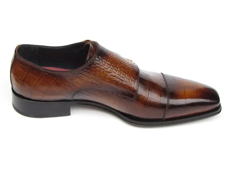 Paul Parkman Men's Brown Crocodile Embossed Calfskin Double Monk strap Shoes (ID#045-APR-BRW) PAUL PARKMAN