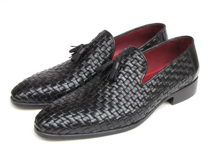 Paul Parkman Men's Black Woven Genuine Leather Tassel Loafers (ID#085-BLK) PAUL PARKMAN