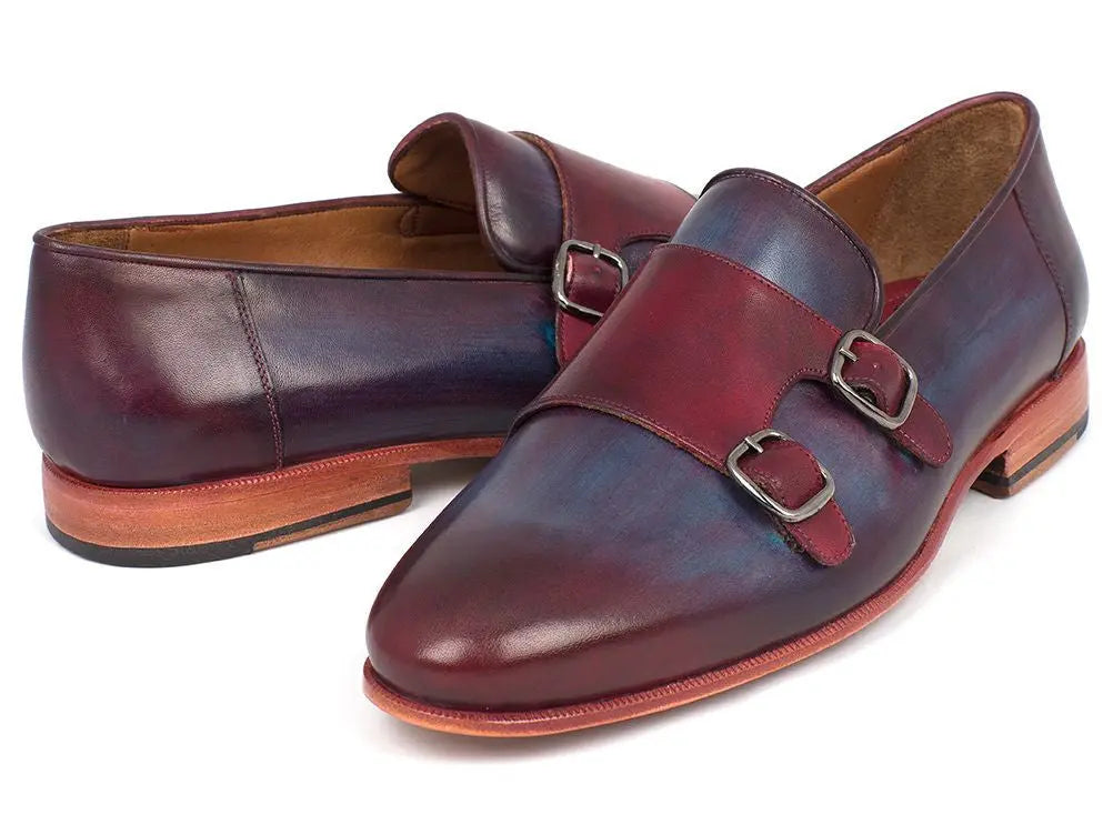Paul Parkman Men's Bordeaux/Navy Hand-Painted Calfskin Double Monk strap Shoes (ID#HR65CX) PAUL PARKMAN