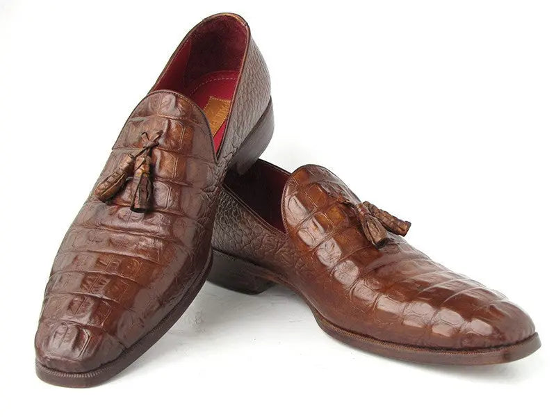 Paul Parkman Men's Brown Crocodile Embossed Calfskin Tassel Loafers (ID#PP2281-BRW) PAUL PARKMAN