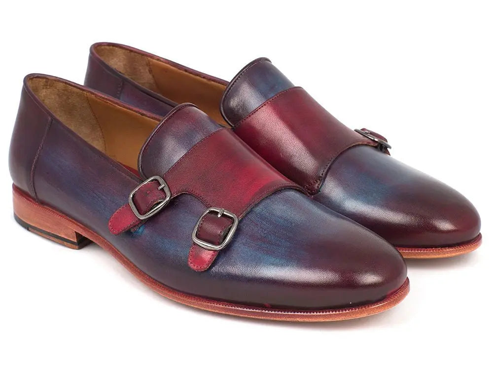 Paul Parkman Men's Bordeaux/Navy Hand-Painted Calfskin Double Monk strap Shoes (ID#HR65CX) PAUL PARKMAN