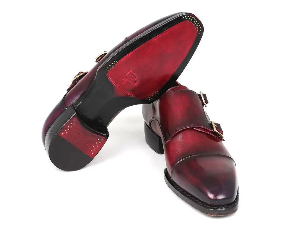 Paul Parkman Men's Purple/Burgundy Triple Genuine Leather Sole Hand-Welted Cap Toe Monk strap Shoes (ID#LX77MNK) PAUL PARKMAN