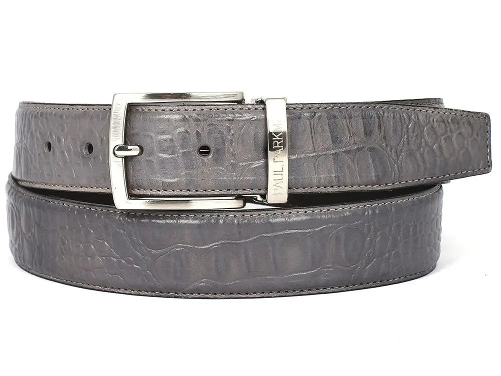Paul Parkman  Men's Gray Crocodile Textured Genuine Leather Belt (ID#B02-GRY) PAUL PARKMAN