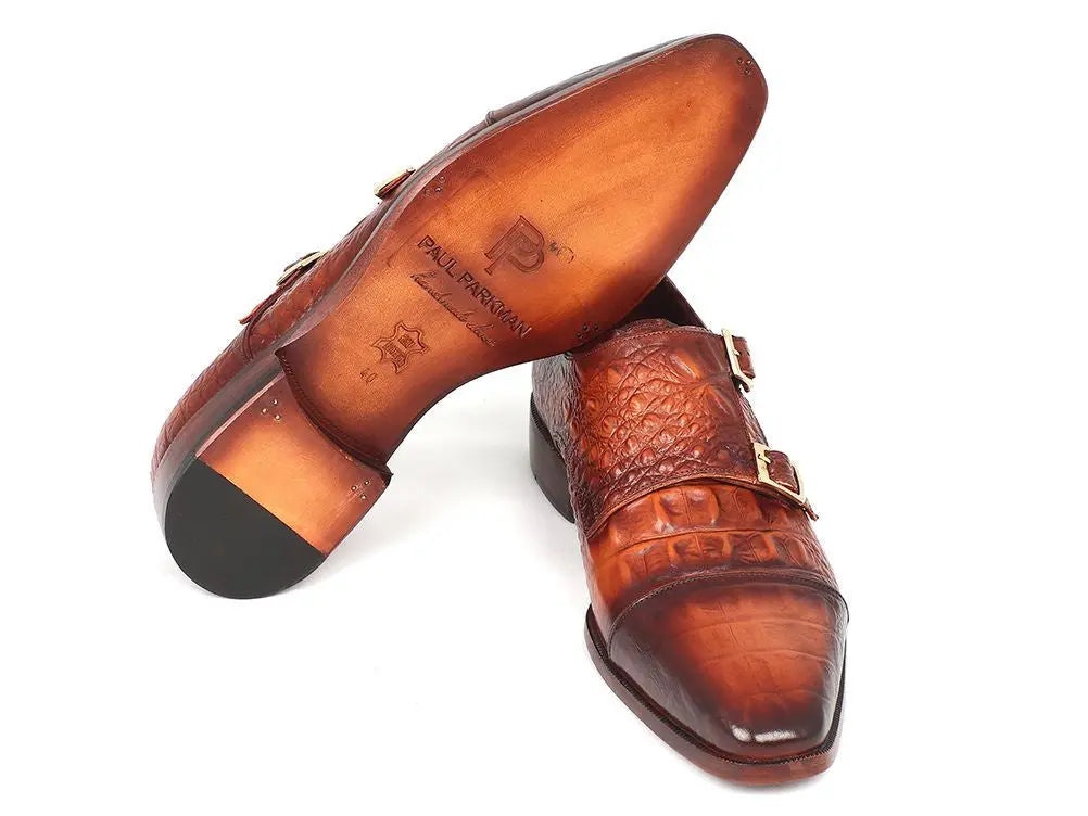 Paul Parkman Men's Brown Embossed Calfskin Double Monk strap Shoes (ID#PP2280) PAUL PARKMAN