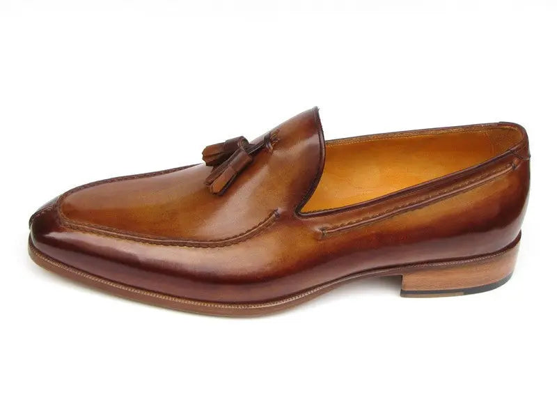 Paul Parkman Men's Camel/Brown Tassel Hand-Painted Genuine Leather Loafers(ID#083-CML) PAUL PARKMAN