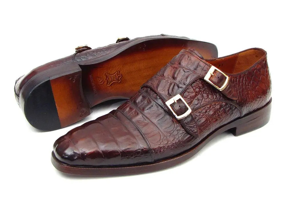 Paul Parkman Men's Brown/Bordeaux Crocodile Embossed Calfskin Double Monk strap Shoes (ID#045FG12) PAUL PARKMAN