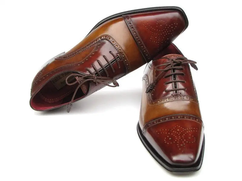 Paul Parkman Men's Camel/Red Hand-Painted Genuine Leather Cap Toe Oxfords (ID#024-CML-BRD) PAUL PARKMAN