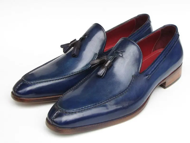 Paul Parkman Men's Blue Tassel Hand-Painted Genuine Leather Loafers (ID#083-BLU) PAUL PARKMAN