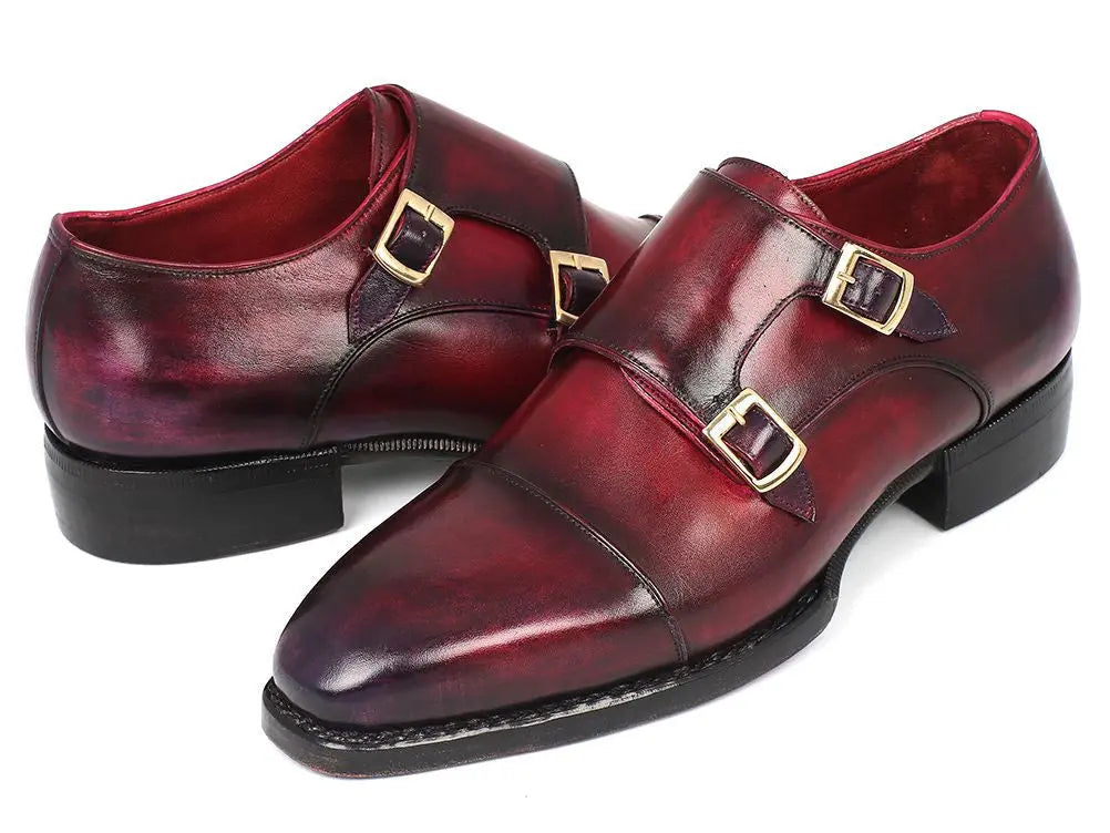 Paul Parkman Men's Purple/Burgundy Triple Genuine Leather Sole Hand-Welted Cap Toe Monk strap Shoes (ID#LX77MNK) PAUL PARKMAN