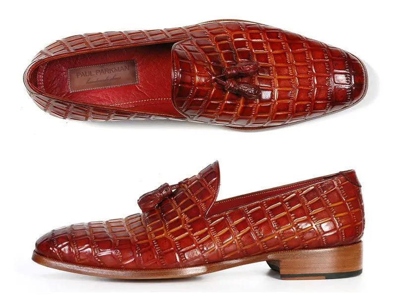 Paul Parkman Men's Reddish Camel Crocodile Embossed Calfskin Tassel Loafers (ID#0823-RDSH) PAUL PARKMAN