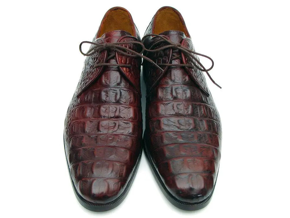 Paul Parkman Men's Brown/Bordeaux Crocodile Embossed Calfskin Genuine Leather Derby Shoes (ID#1438BRD) PAUL PARKMAN