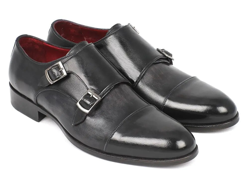 Paul Parkman Men's Gray/Black Cap-Toe Double Monk strap Shoes (ID#0457-GRY) PAUL PARKMAN