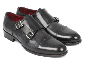 Paul Parkman Men's Gray/Black Cap-Toe Double Monk strap Shoes (ID#0457-GRY) PAUL PARKMAN