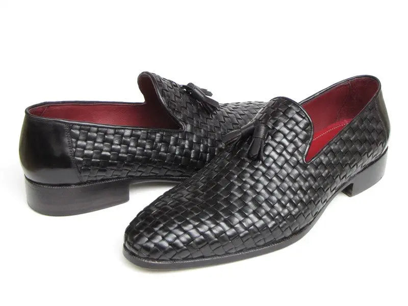 Paul Parkman Men's Black Woven Genuine Leather Tassel Loafers (ID#085-BLK) PAUL PARKMAN