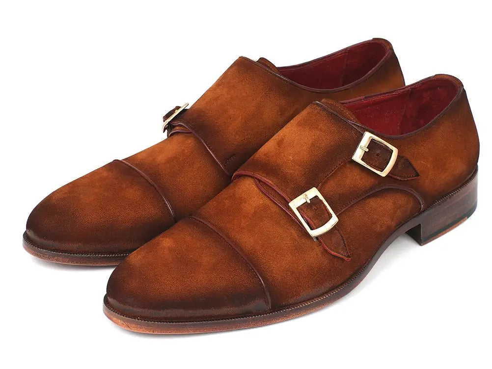 Paul Parkman Men's Camel Suede Cap Toe Double Monk strap Shoes (ID#045TAB12) PAUL PARKMAN