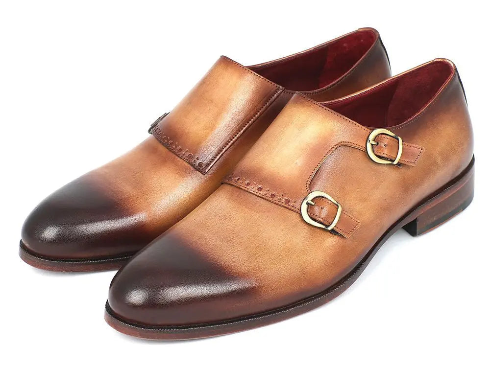Paul Parkman Men's Two Tone Brown/Camel Genuine Leather Double Monk strap Shoes (ID#HT54-CML) PAUL PARKMAN