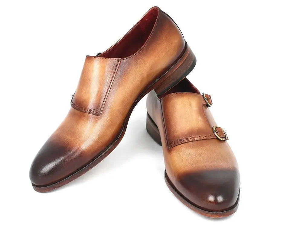 Paul Parkman Men's Two Tone Brown/Camel Genuine Leather Double Monk strap Shoes (ID#HT54-CML) PAUL PARKMAN
