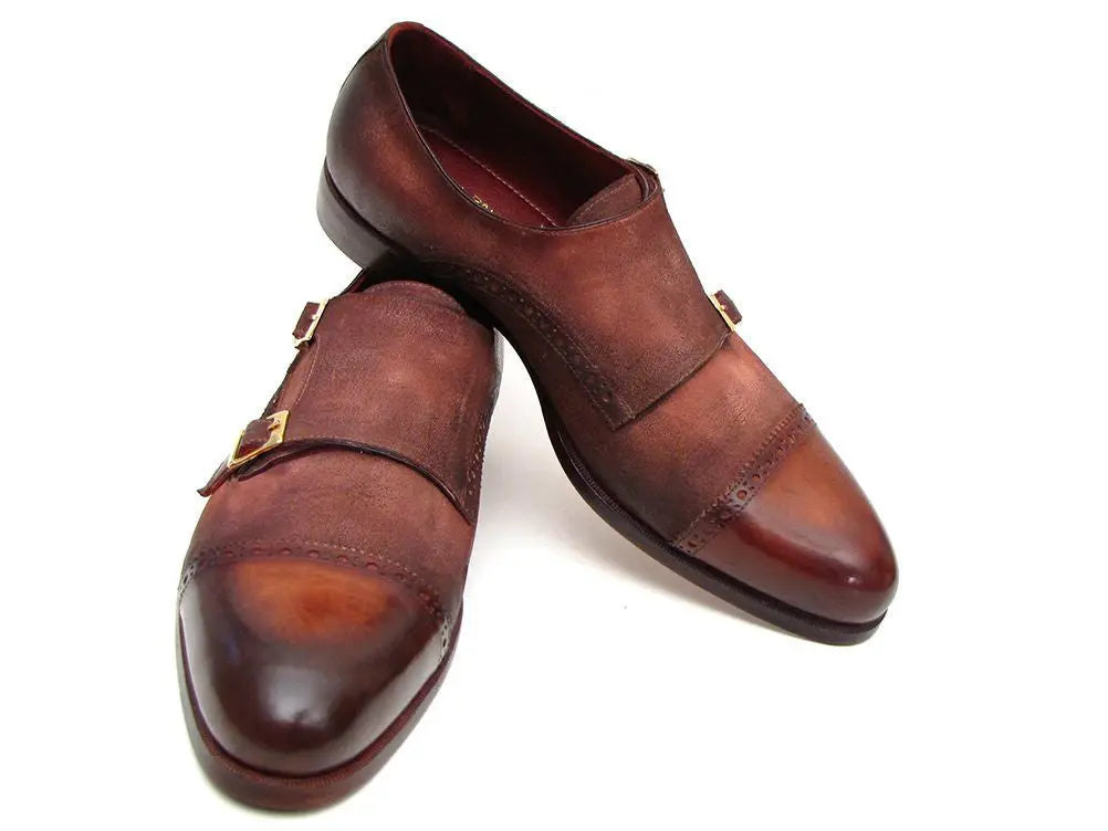 Paul Parkman Men's Antique Brown Suede Cap Toe Double Monk strap Shoes (ID#045BT11) PAUL PARKMAN