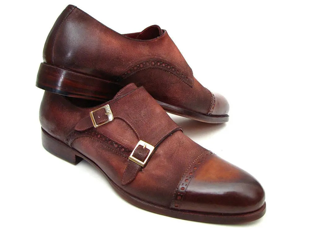 Paul Parkman Men's Antique Brown Suede Cap Toe Double Monk strap Shoes (ID#045BT11) PAUL PARKMAN
