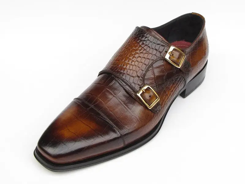 Paul Parkman Men's Brown Crocodile Embossed Calfskin Double Monk strap Shoes (ID#045-APR-BRW) PAUL PARKMAN