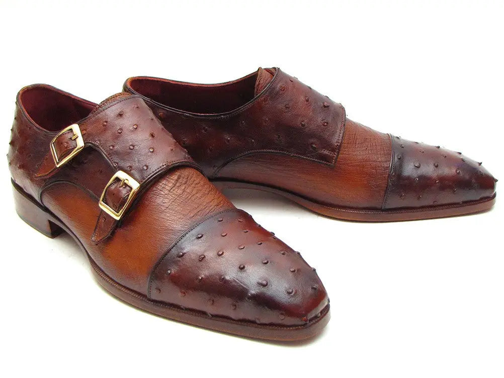 Paul Parkman Men's Brown/Tobacco Genuine Ostrich Double Monk Strap Shoes (ID#43K68) PAUL PARKMAN