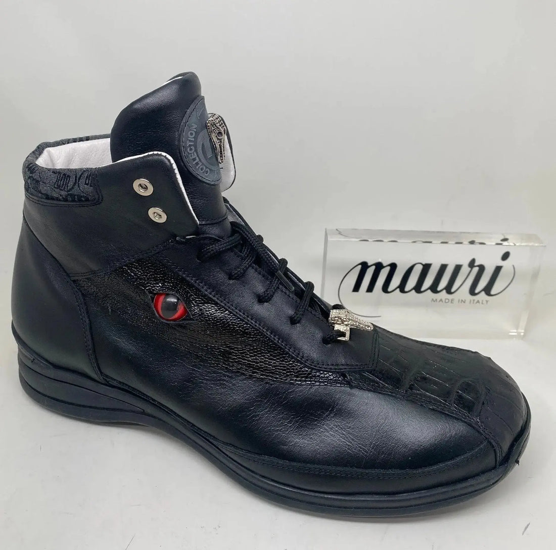 Mauri 18653 Black/Grey Genuine Baby Crocodile/Nappa High Top Sneakers