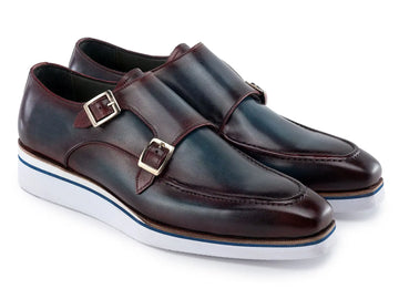 Paul Parkman Men's Blue/Bordeaux Patina Smart Casual Monk strap Shoes (ID#189-BLU-BRD) PAUL PARKMAN