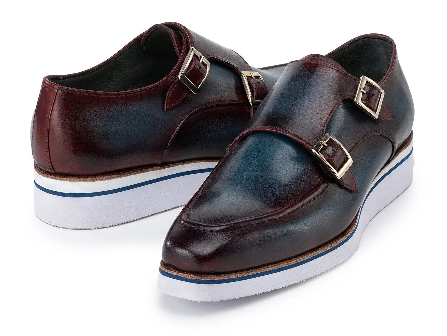 Paul Parkman Men's Blue/Bordeaux Patina Smart Casual Monk strap Shoes (ID#189-BLU-BRD) PAUL PARKMAN