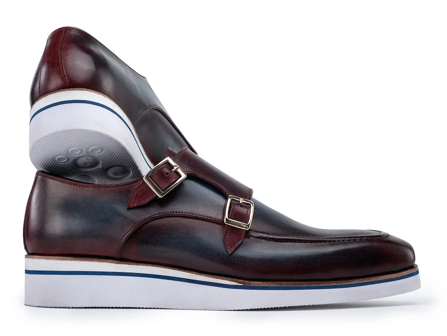 Paul Parkman Men's Blue/Bordeaux Patina Smart Casual Monk strap Shoes (ID#189-BLU-BRD) PAUL PARKMAN