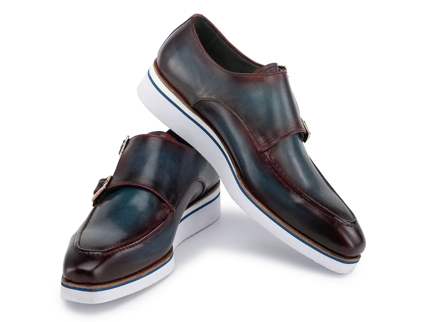 Paul Parkman Men's Blue/Bordeaux Patina Smart Casual Monk strap Shoes (ID#189-BLU-BRD) PAUL PARKMAN