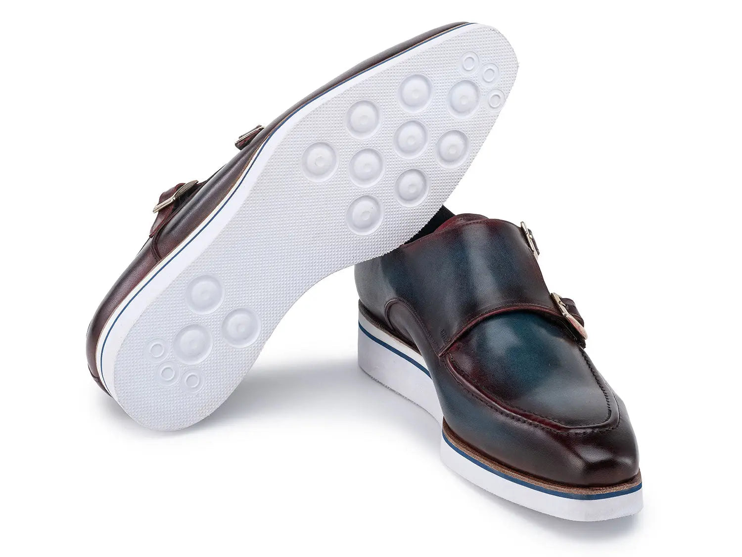Paul Parkman Men's Blue/Bordeaux Patina Smart Casual Monk strap Shoes (ID#189-BLU-BRD) PAUL PARKMAN