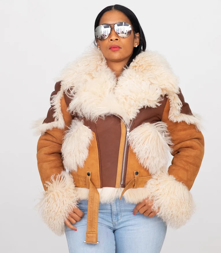 Jakewood 1012 Ladies Cognac/Brown/Cream Genuine Sheepskin/Fur/Leather Racing Jacket
