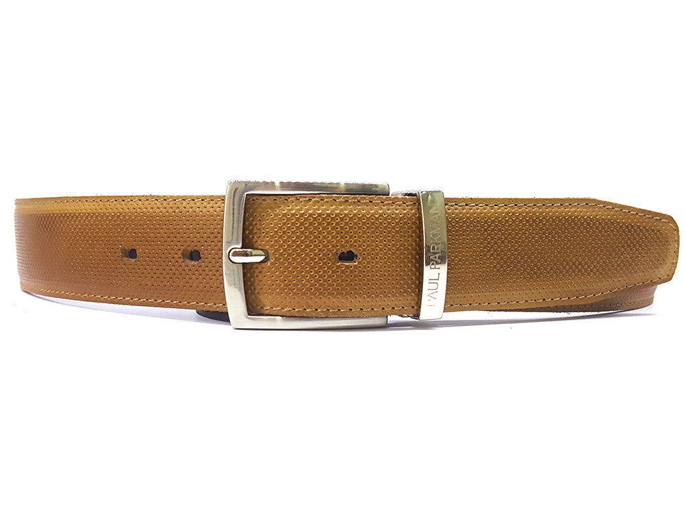 PAUL PARKMAN Men's Perforated Leather Belt Beige (ID#B08-BEJ) PAUL PARKMAN