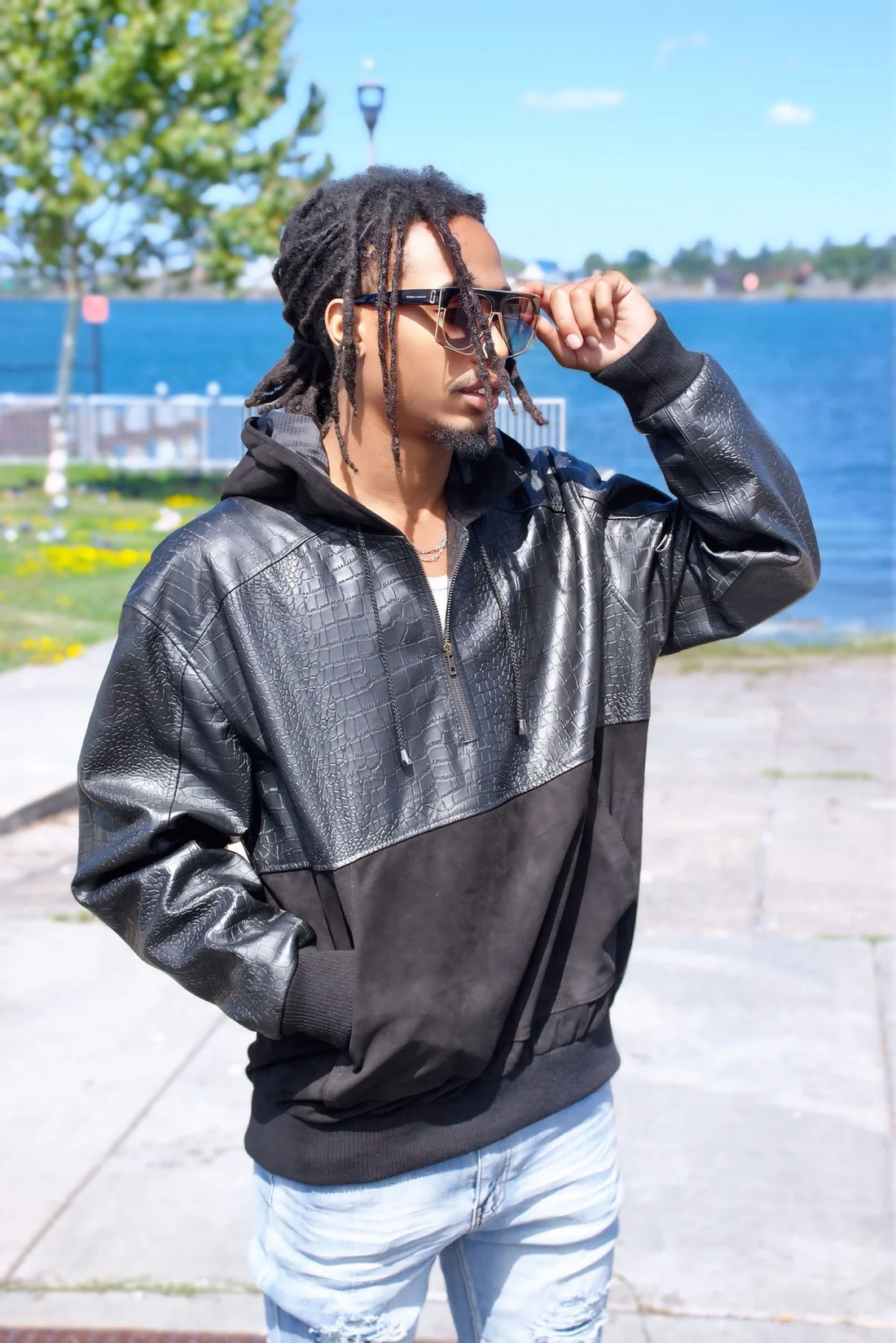 Jakewood 204 Black Genuine Lambskin Leather/Suede Two-Tone Hoodie Jacket