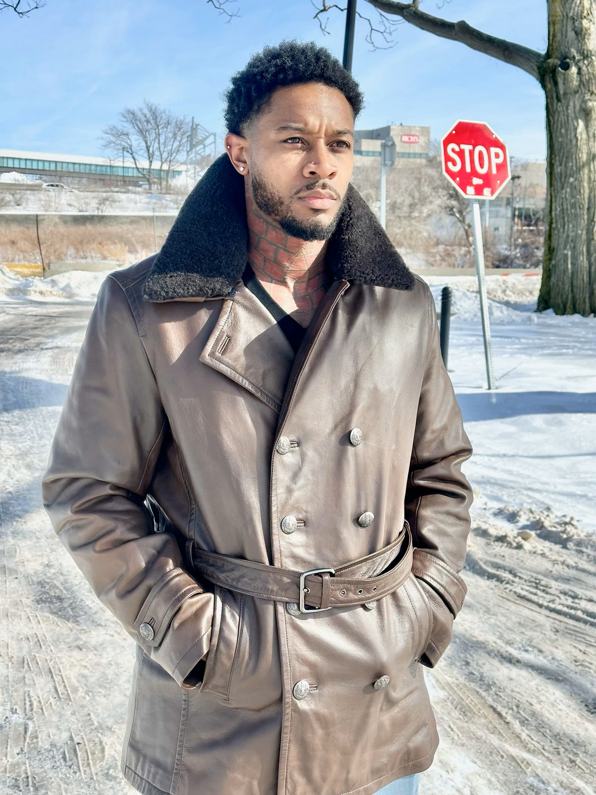 Jakewood 2099 Brown Genuine Lambskin Double Breasted French Antique Peacoat