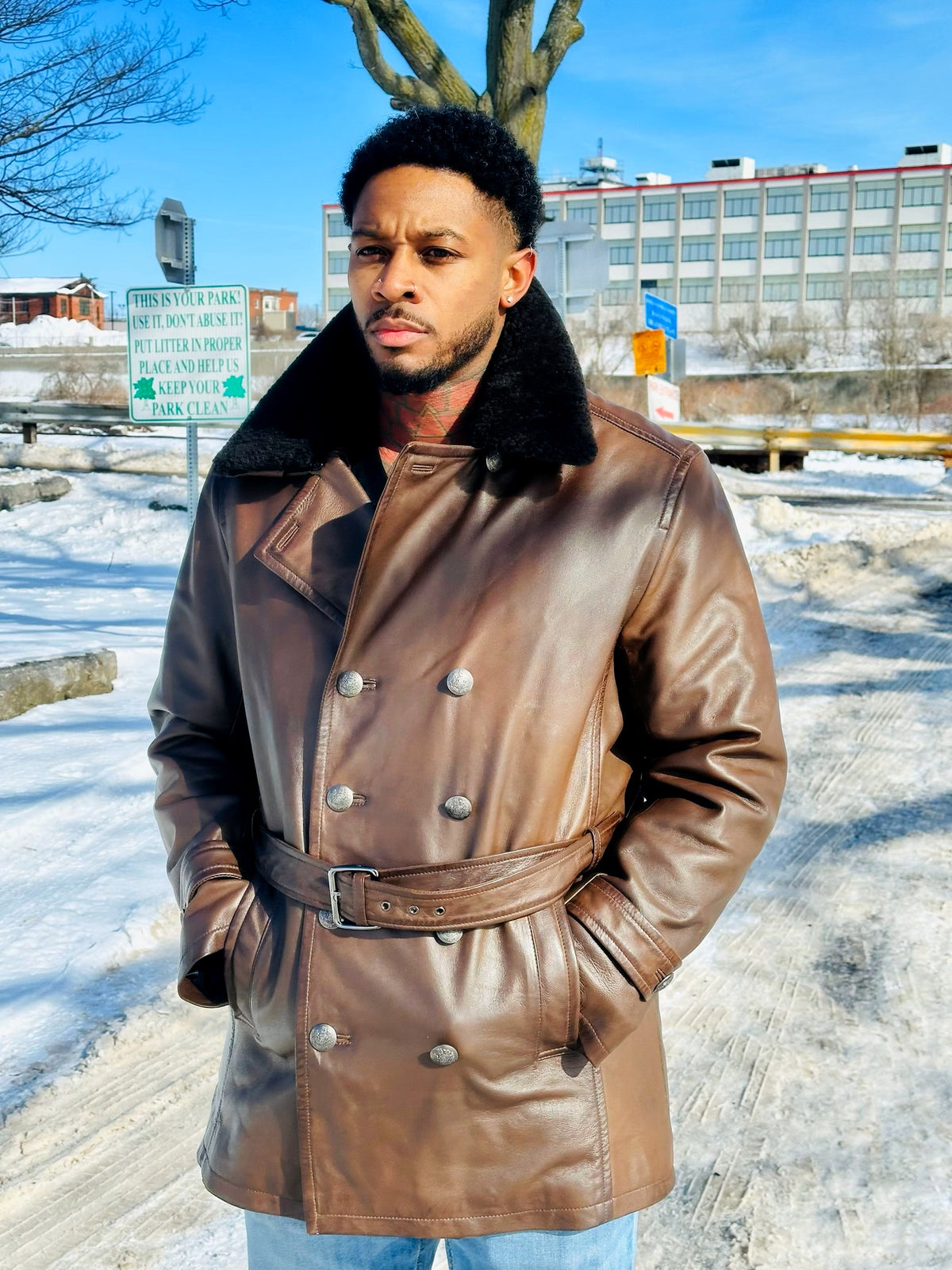 Jakewood 2099 Brown Genuine Lambskin Double Breasted French Antique Peacoat