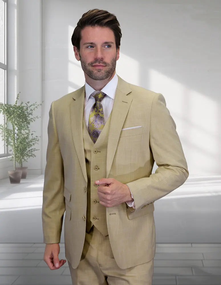 Statement Larzo Tan Italian Wool Vested Suit