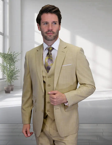 Statement Larzo Tan Italian Wool Vested Suit