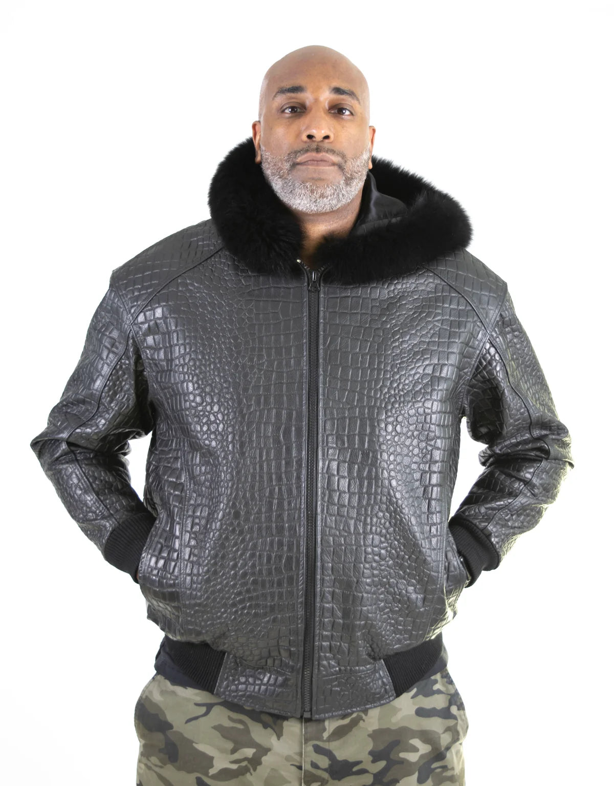 Jakewood 2266H Black Genuine Embossed Leather/Fox Fur Hood Bomber Jacket