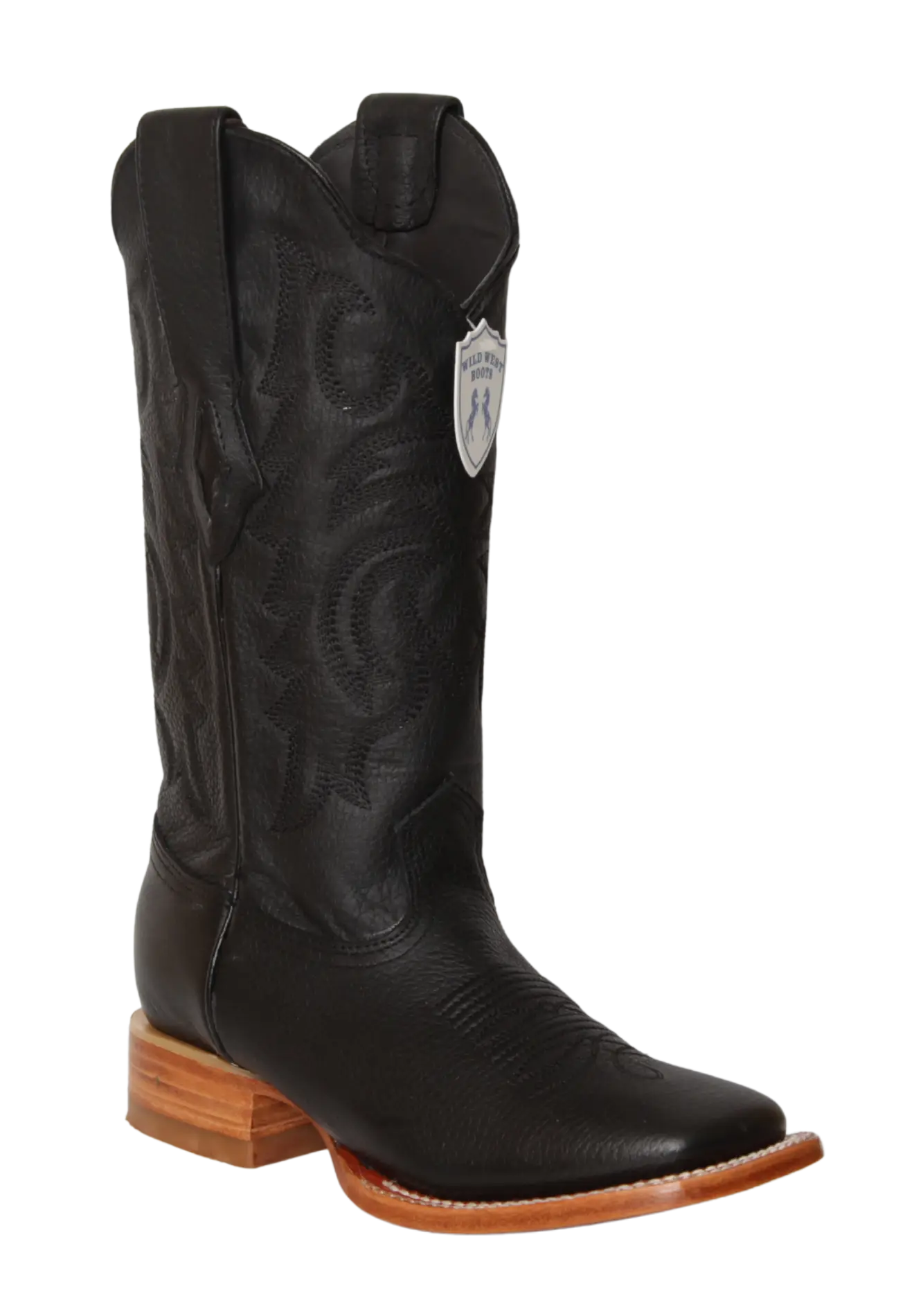 Wild West 23222705 Women's Black Genuine Leather Wide Square Toe Cowgirl Boots