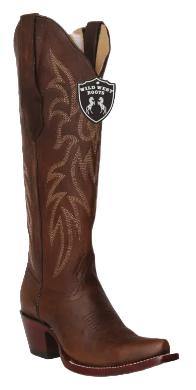 Wild West 23819940 Women's Walnut Genuine Leather Tall Shaft Snip Toe Boots