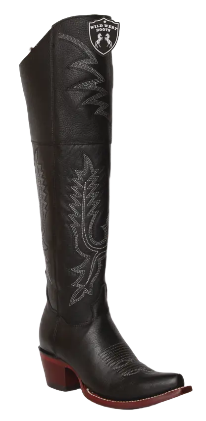 Wild West 23822705 Women's Black Genuine Leather Snip Toe Over The Knee Boots