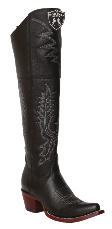 Wild West 23822705 Women's Black Genuine Leather Snip Toe Over The Knee Boots