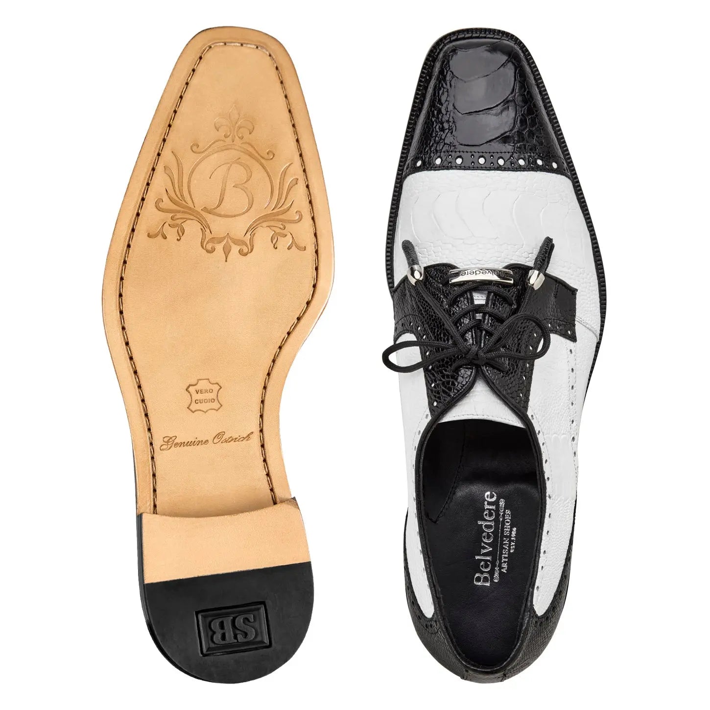 Belvedere Batta 14006 Black/White Genuine Ostrich Oxfords