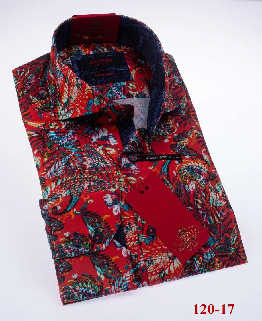 Axxess 120-17 Red Multicolor Cotton Casual Dress Shirt