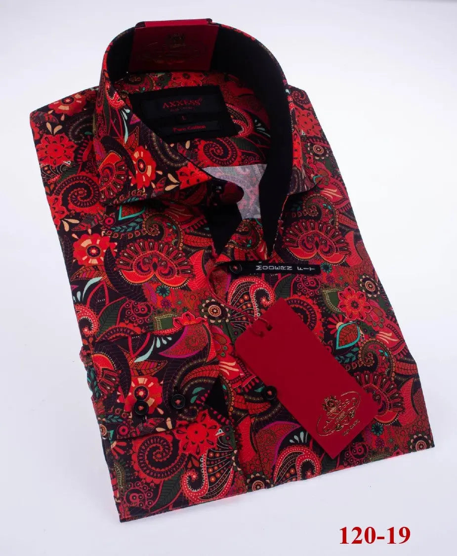 Axxess 120-19 Red/Black Paisley Cotton Casual Dress Shirt